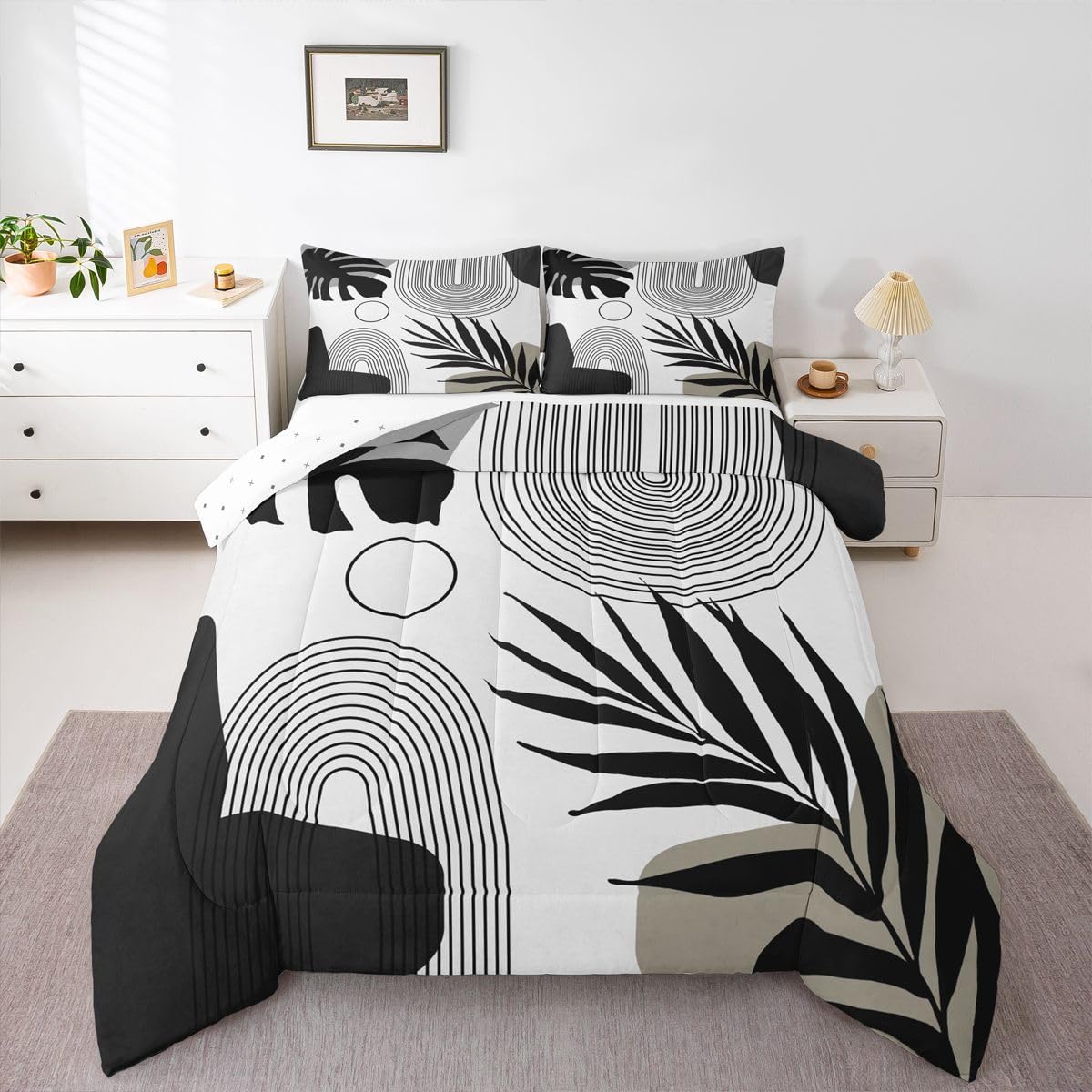 Erosebridal Boho Black White Twin Bedding Set, Mid Century Abstract Tropical Palm Leaf Comforter Set, Modern Minimalist Plant Botanical Comforter, Bohemian Geometric Art Lines Chic Duvet Insert