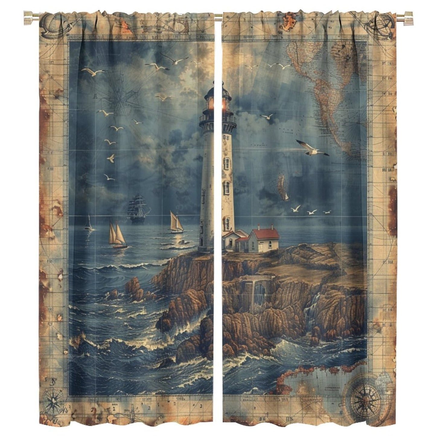 TOWINSFB Nautical Lighthouse Sailboats Blackout Curtains, Compass Ocean Island Home Decor Rod Pocket Window Drapes for Living Room Bedroom - 42" W x 45" L