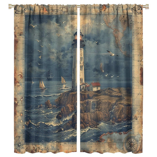 TOWINSFB Nautical Lighthouse Sailboats Blackout Curtains, Compass Ocean Island Home Decor Rod Pocket Window Drapes for Living Room Bedroom - 42" W x 45" L