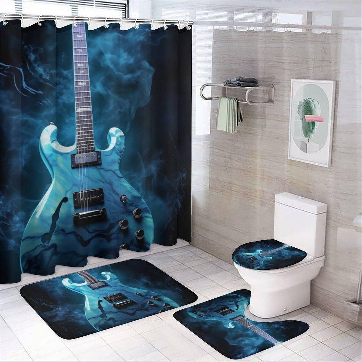 FOCCAFB 4 Piece Vintage Guitar Shower Curtain Set with Rugs, Vintage Musical Instrument Include Bathroom Non-Slip Floor Mat, U-Shaped Bath Rug and Toilet Cover Lid with 12 Hooks