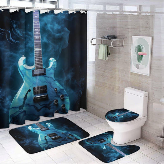 FOCCAFB 4 Piece Vintage Guitar Shower Curtain Set with Rugs, Vintage Musical Instrument Include Bathroom Non-Slip Floor Mat, U-Shaped Bath Rug and Toilet Cover Lid with 12 Hooks