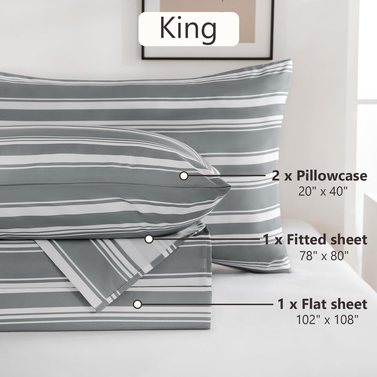 MCO 4Pieces Striped Sheets Set, Breathable King Sheet Set with 16" Deep Pocket,Modern & Luxury, Brushed Microfiber Bedding Set(King, Gray)