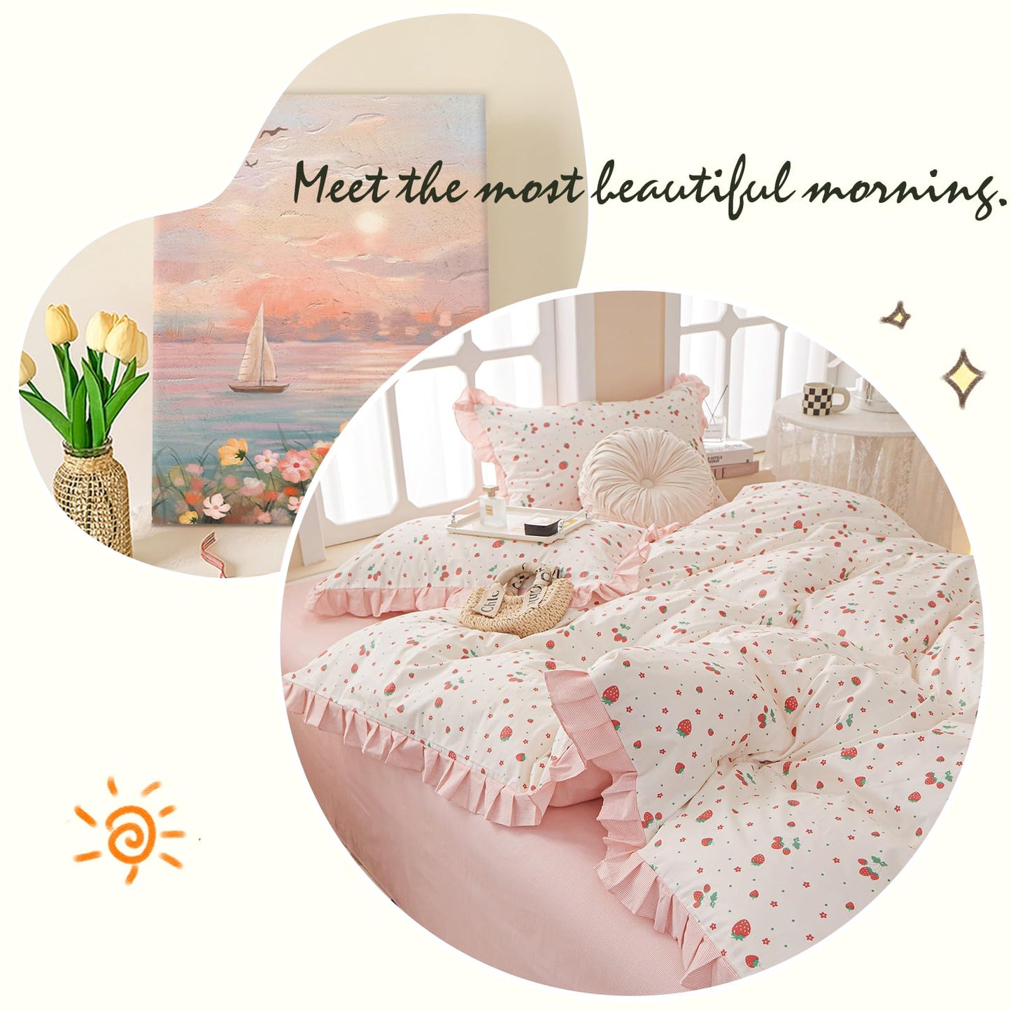Kawaii Strawberry Comforter Set Queen Girls Ruffle Comforter Set 3 Pieces Floral Bedding Comforter Fluffy Soft Microfiber Fruit Strawberry Bedding Set Romantic Ruffled Comforter with 2 Pillowcases