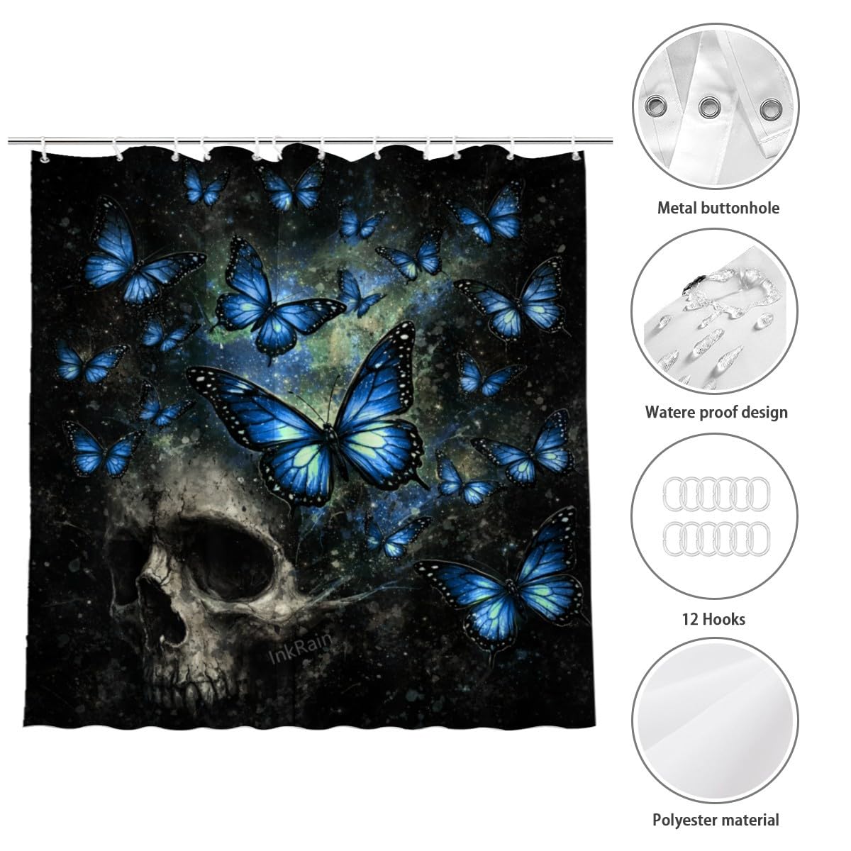 InkRain Gothic Blue Butterfly Skull Shower Curtain 70x84 Inch Black Fantasy Art Bathroom Decor Waterproof Fabric Includes 12 Hooks