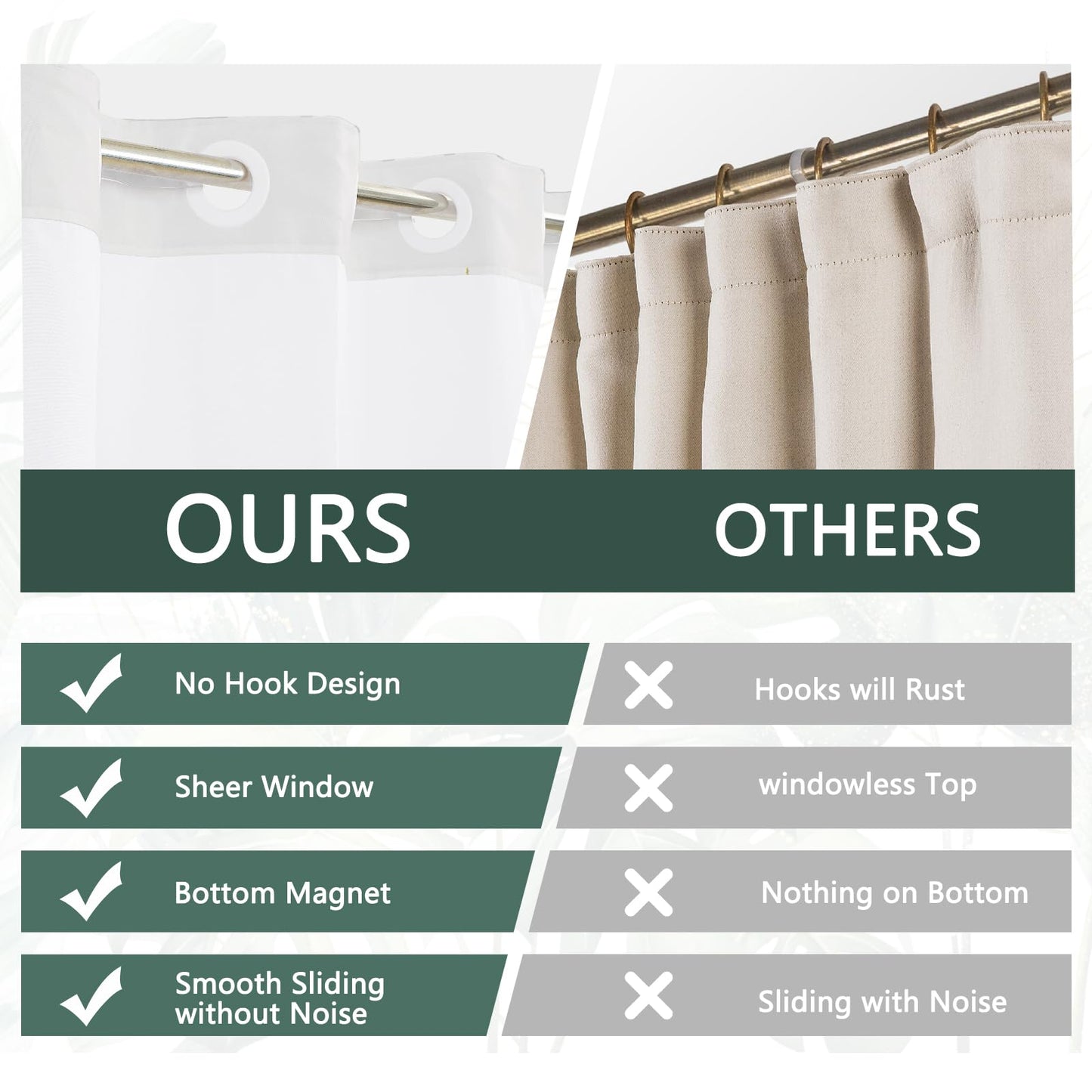 NAEMBCU No Hook Shower Curtain with Snap-in Liner 71x74 Inch