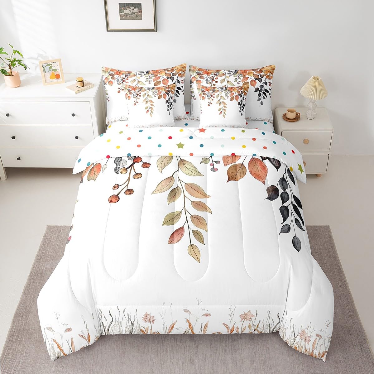 Erosebridal Eucalyptus Leaves Comforter Set Full Size,Oil Painting Trees Leaf Bedding Set for Kids Teens,Fall Leaves (Comforter+Fitted+Flat Sheet+2 Pillowcases+2 Throw Pillow Covers) 7 Pieces Bed Set