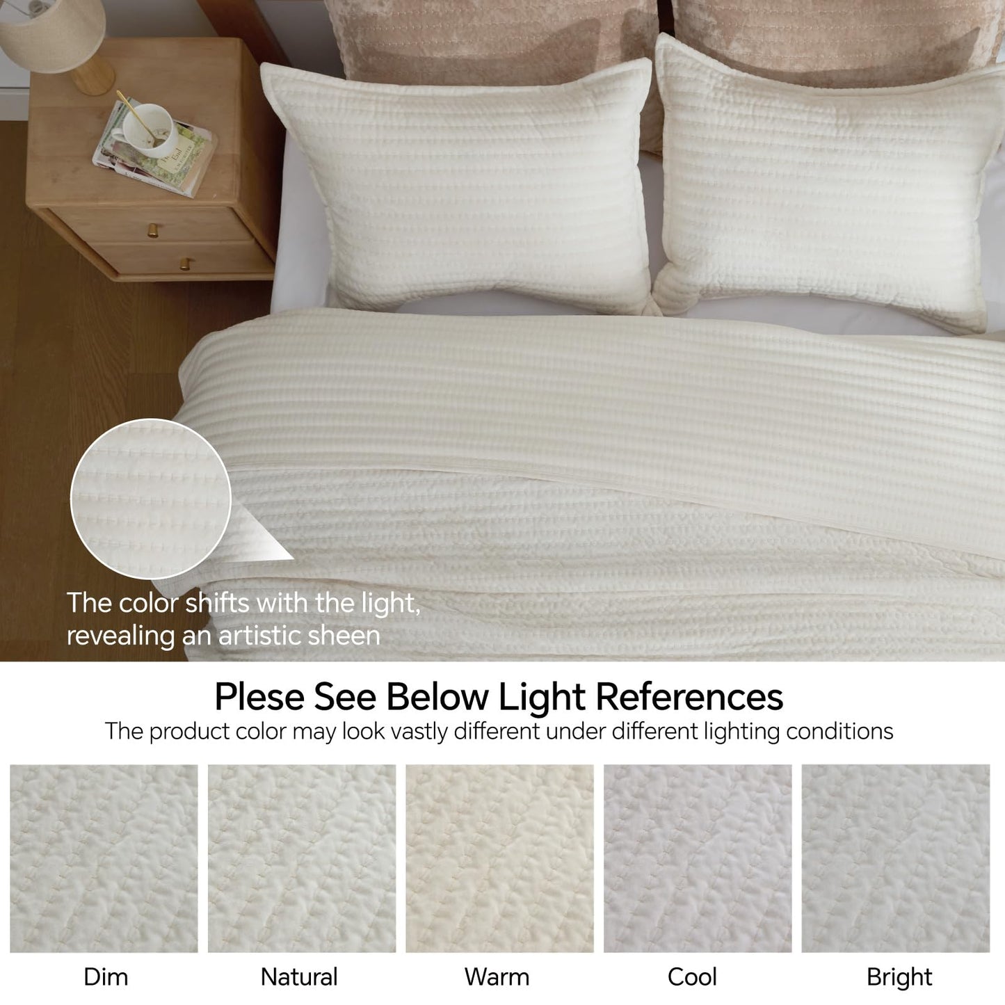 BEDELITE Velvet Quilt Set King Size - Luxury Soft Velvet Comforter Bedding Set for All Season, Lightweight Quilted Channel Stitch Oversized Bedspread Coverlet with 2 Matching Shams, Ivory White