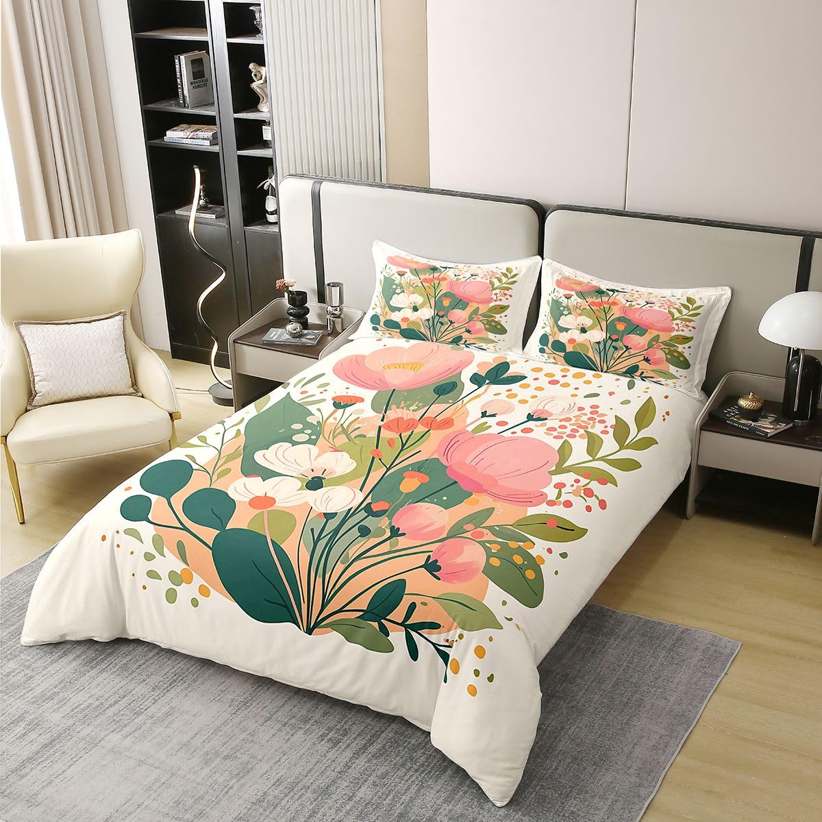Erosebridal Florals Bedding Set Full Spring Leaf Floral 100% Cotton Duvet Cover Summer Botanical Garden Comforter Cover for Kids Girls Boys Adults Beige Pink Flower Bedclothes 3 Pcs