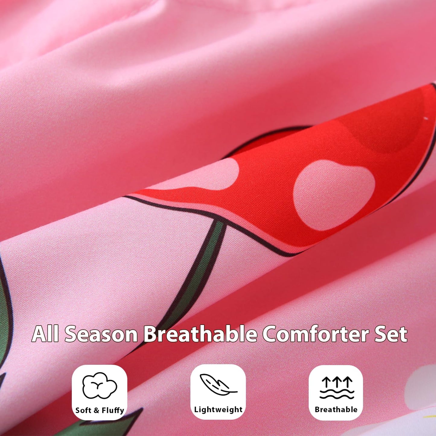 Gusuhome Girls Cherry Comforter Bedding Set Twin Size 7 Piece Pink Oriental Cherry Comforter Set Bed in A Bag for Kids Teens All Season (Comforter,Flat Sheet,Fitted Sheet and Pillow Sham)