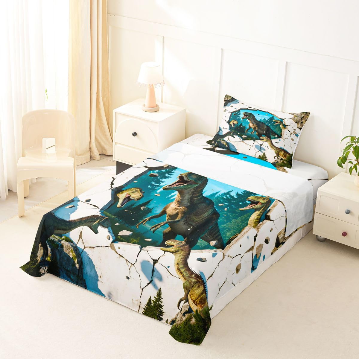 Feelyou Dinosaur Bed Sheets Set Twin Size 3D Digital Print Deep Pocket Fitted Sheet Jungle Dino Bedding Sets Wild Animal Soft Bed Set 3Pcs with 1 Pillow Cases Blue White Green