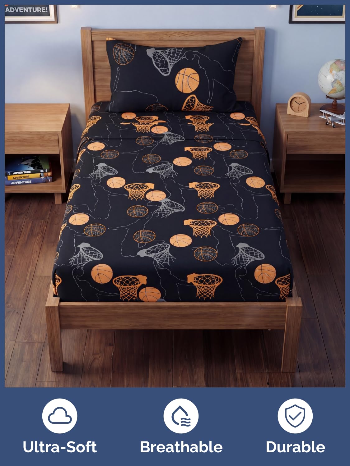 CGK Unlimited Kids Halloween Hoops Twin 3 Piece Sheet Set - Boys, Girls, Teens, Toddler - Easy Fit Deep Pockets - Soft, Cooling & Breathable Sheets - Cute, Cozy, Fade & Wrinkle Free - Machine Washable