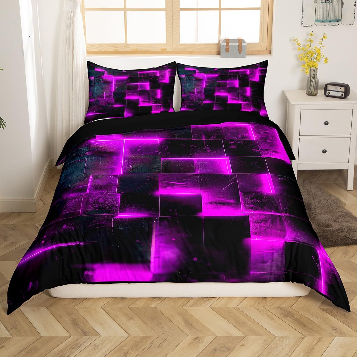 Erosebridal Black and Purple Duvet Cover Queen Modern Abstract Queen Bedding Set, 3D Glowing Plaid Comforter Cover Gradient Grid Bed Set, Neon Square Bedding 3pcs (Black Reversible)