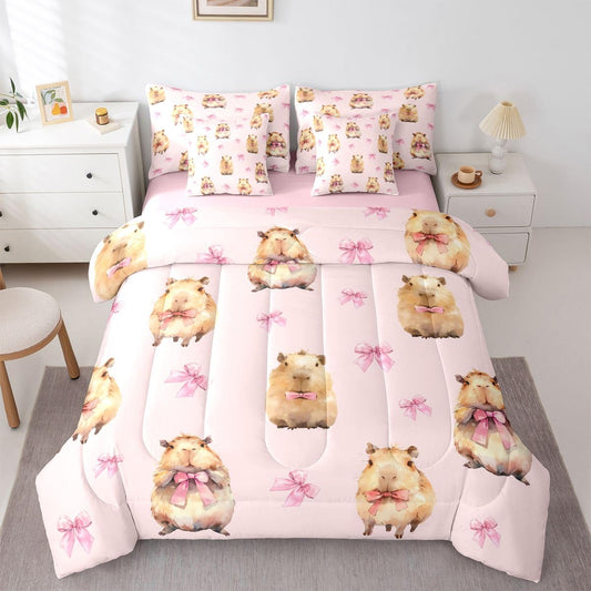 Feelyou Capybara Comforter Set with Sheets 7 Piece King Size Watercolor Animal Texture Bedding Set for Kids Boys Girls Cute Pet Bed in a Bag Pink Bow Accent Room Decor Light Pink Soft Lightweight