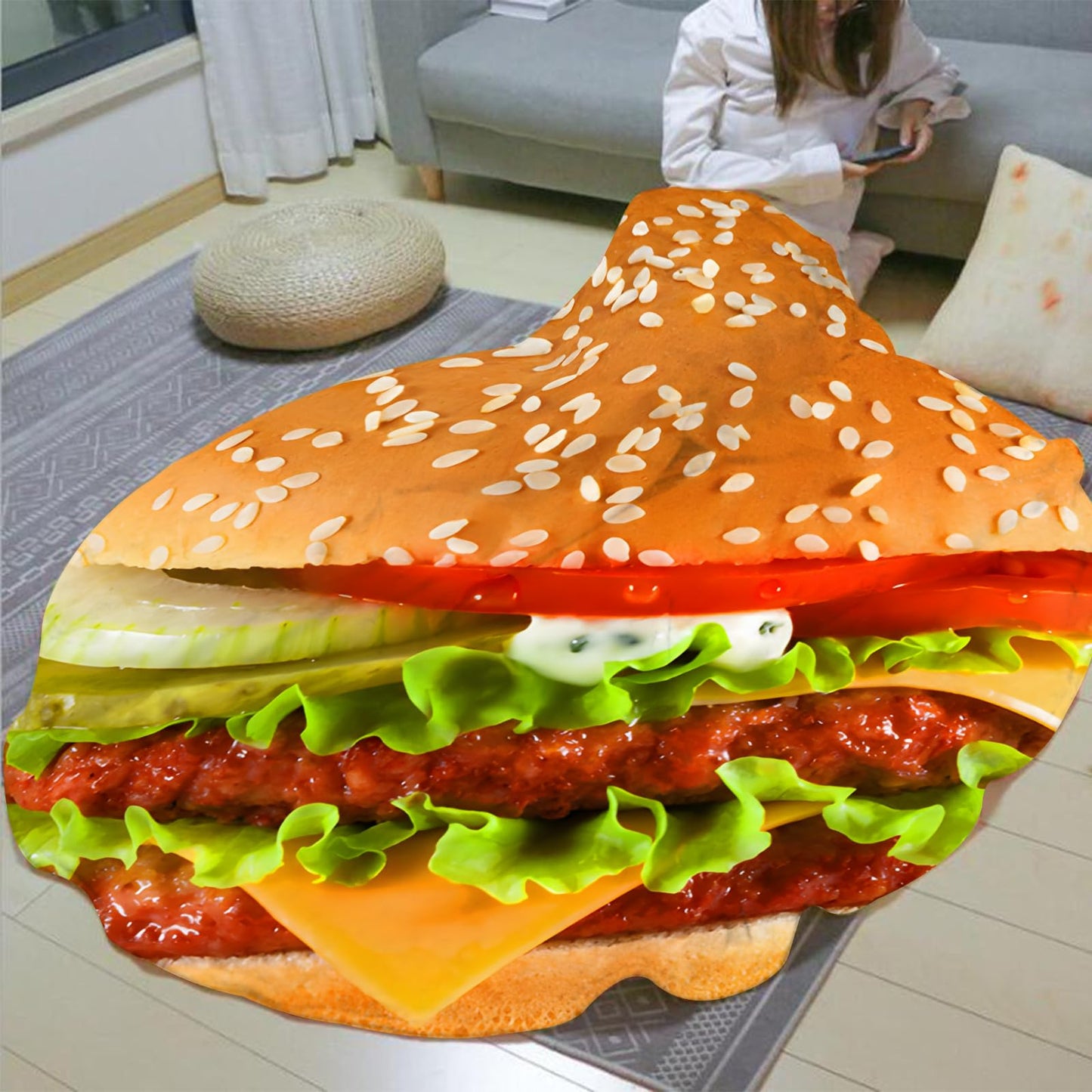 Hamburger Blanket for Kids Adults Round Cozy Flannel Funny Gifts Realistic Food Throw Blankets Novelty Soft for Men Women for Bed Couch 48 Inches