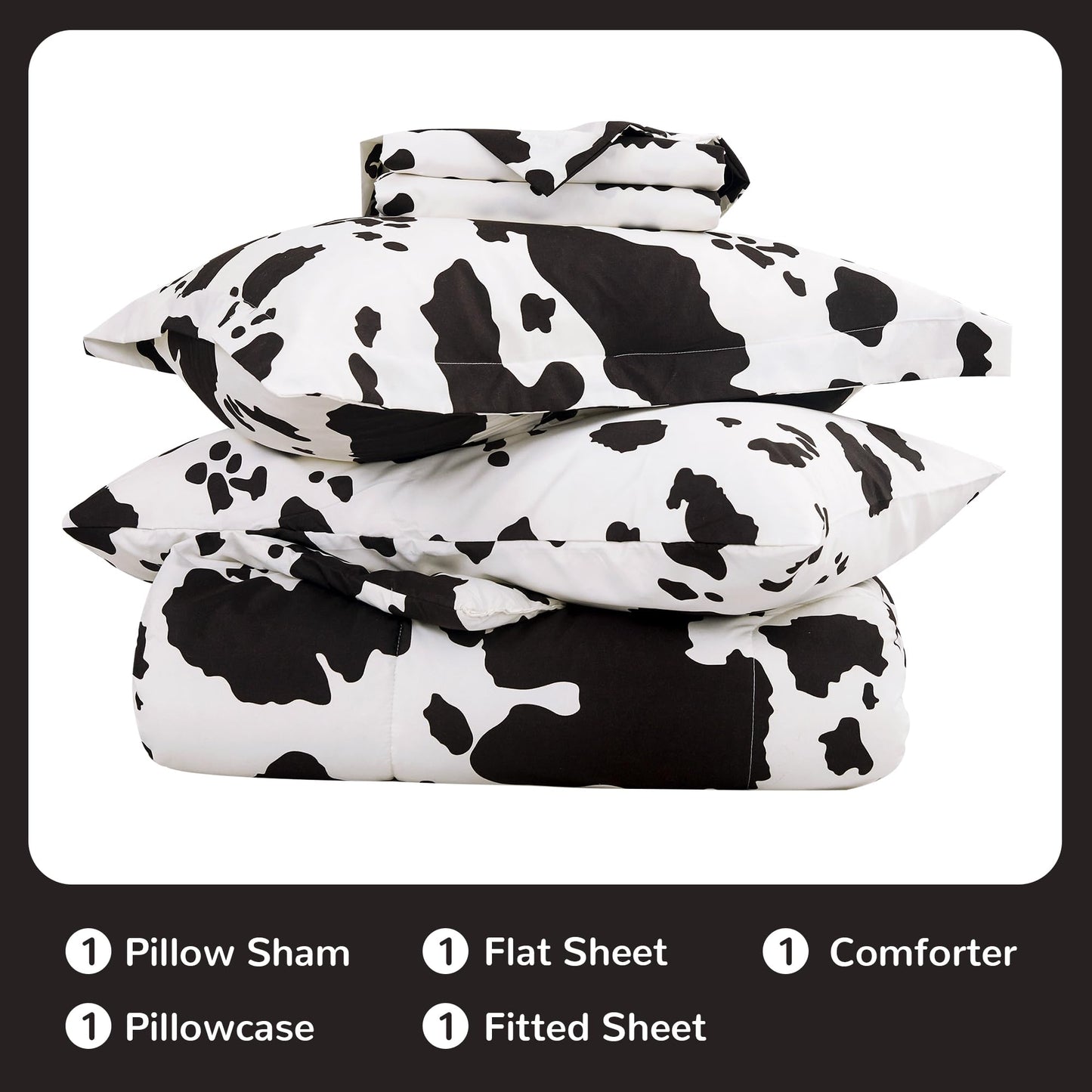 Viviland Kids Twin Bedding Sets for Girls, Boys Soft Twin Comforter Set with Sheets, 5 Pieces Microfiber Bed in a Bag, Cow Animal