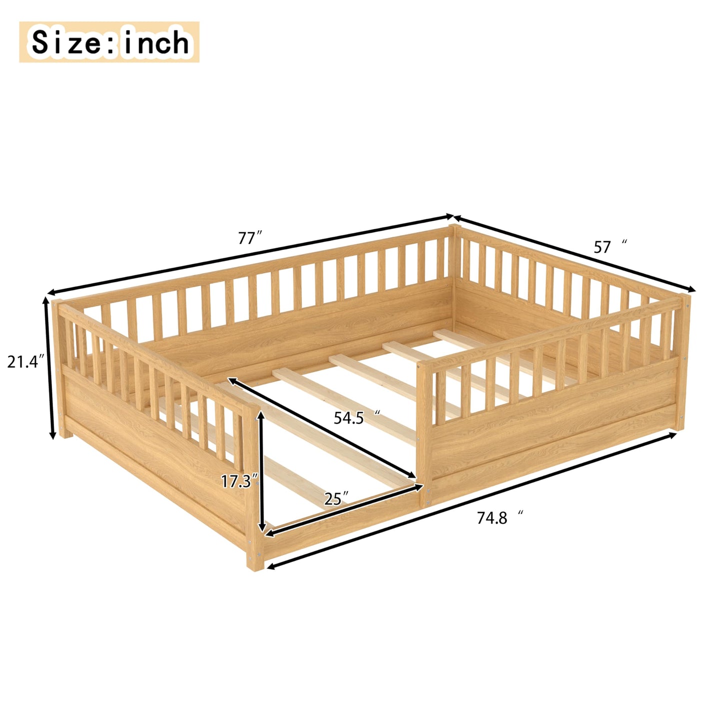 KEIKI Full Size Floor Bed, Montessori Floor Bedframe with Fence, Wood Bed with Support Slat for Living Room, Natural