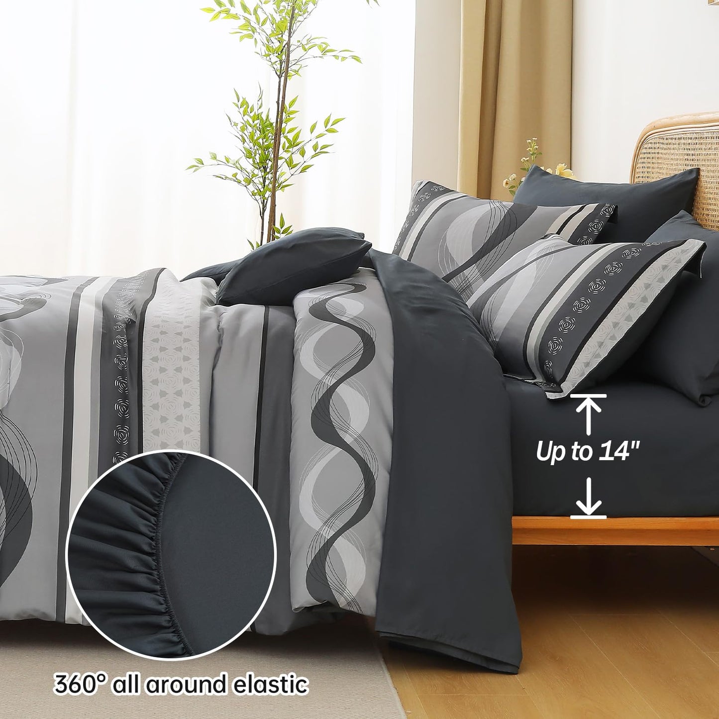 Anibedding Grey Comforter Set Queen Size,8 Pieces Bed in a Bag Patchwork Striped Bedding Sets,Boho Soft Microfiber Bedding Set for All Season(90"×90")