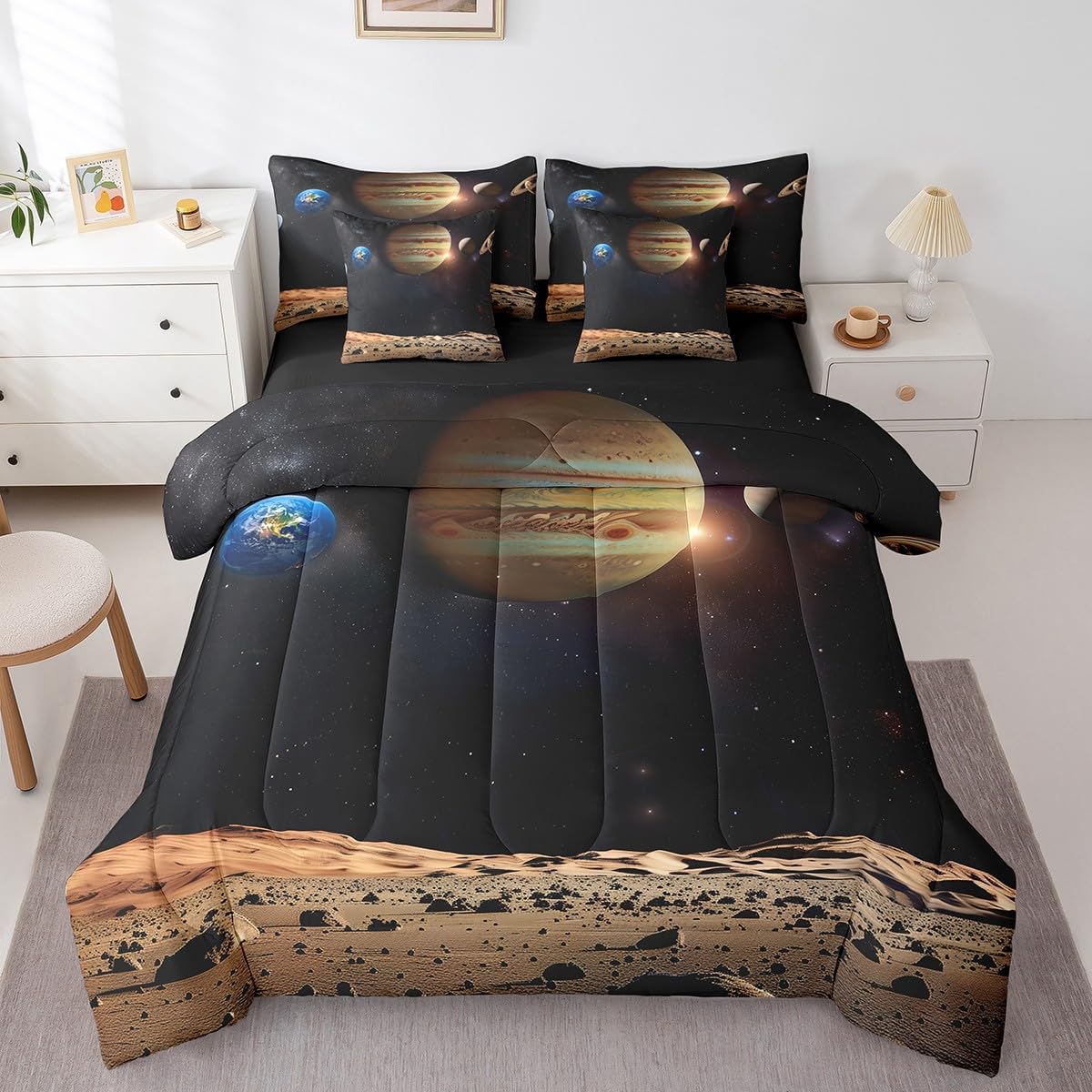 Erosebridal 7 Piece Space Theme Bed in a Bag Twin Outer Space Sheet Set for Girls Boys Galaxy Bedding Set with Comforter Solar System Fitted Sheet Universe Themed Cushion Covers for Teens Kids
