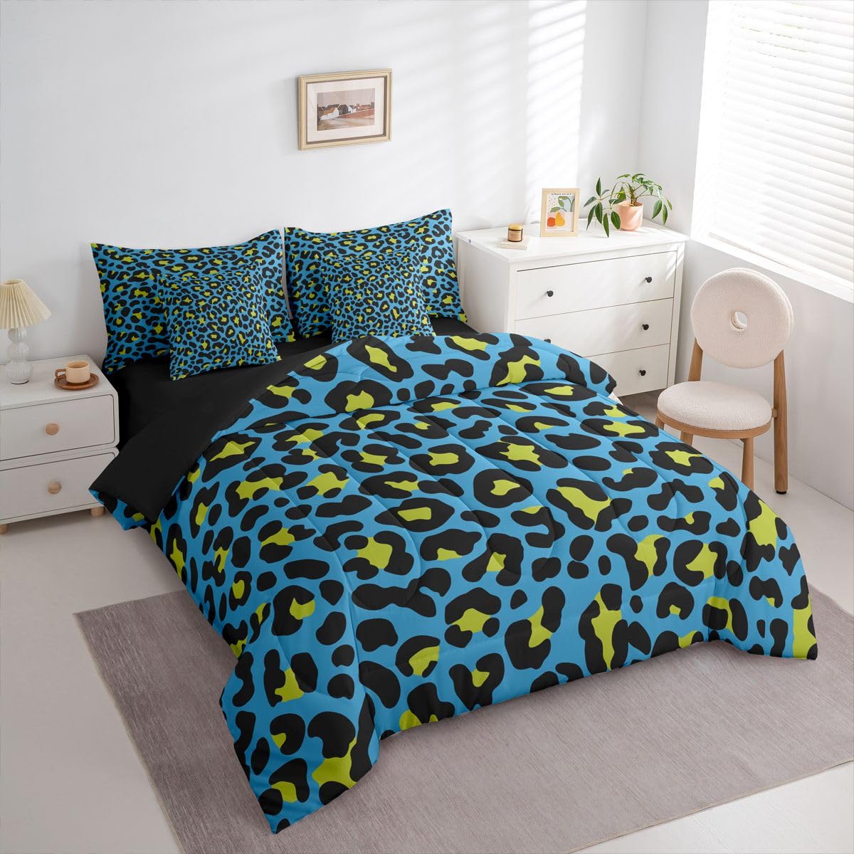 Erosebridal Leopard Print 7-Piece Boys Comforter Set King Size Western Cheetah Bedding Set Blue Leopard Decor Bed in A Bag African Safari Animal Sheets for Kids Teens Adult Men Bedroom Decor