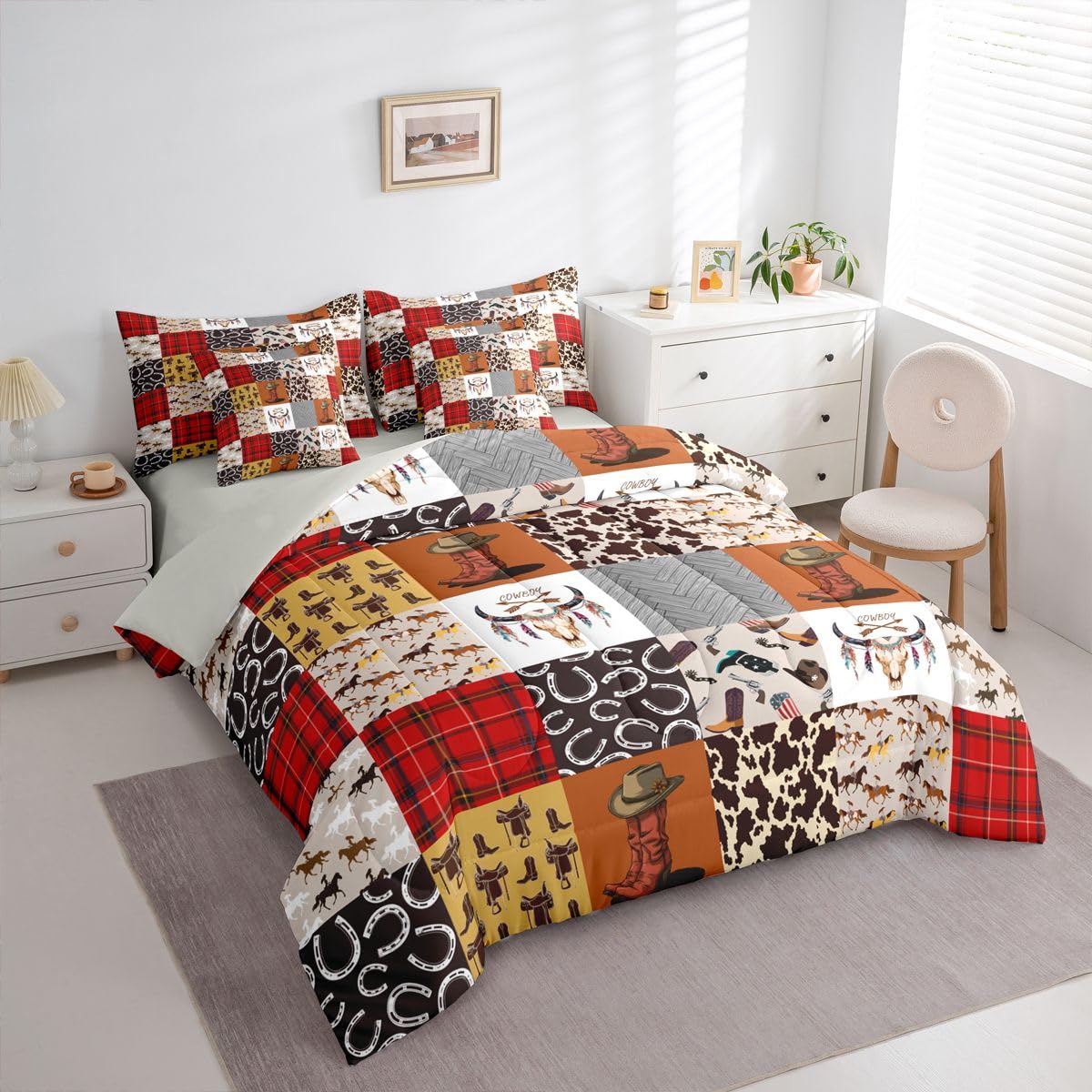 Country Western Comforter Set 7 Piece Bed in a Bag Twin | Cowboy Boots Hat Rustic Bedding Sets Horse Decor Cowboys Comforter and Sheet Set, Farmhouse Cowhide Longhorn Skull Bed Sets,Red Brown