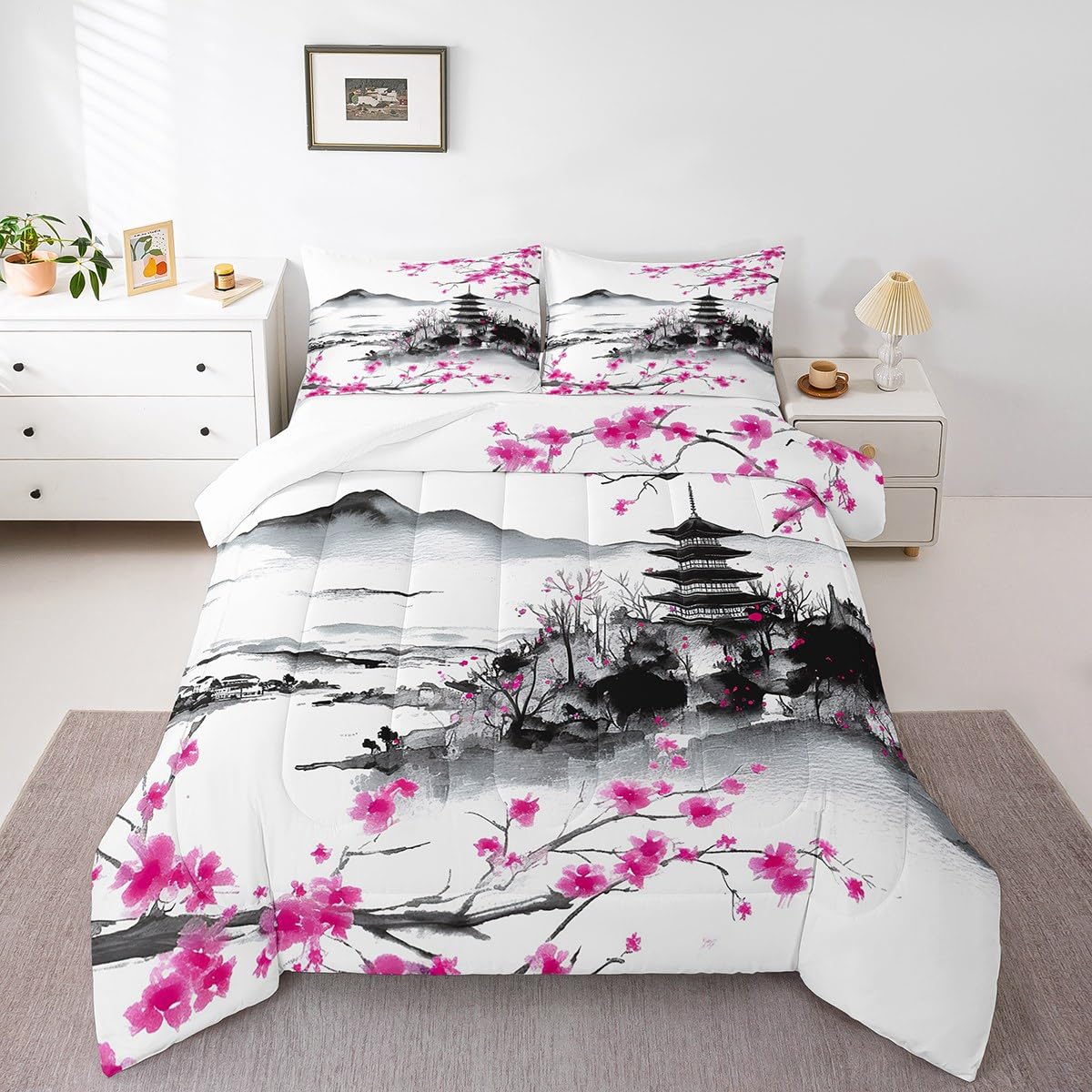 jejeloiu Japanese Bedding Set Full Size Kids Cherry Flower Comforter for Boys Girls Ink Painting Comforter Set Traditional Duvet Set Room Decorations Quilt Set