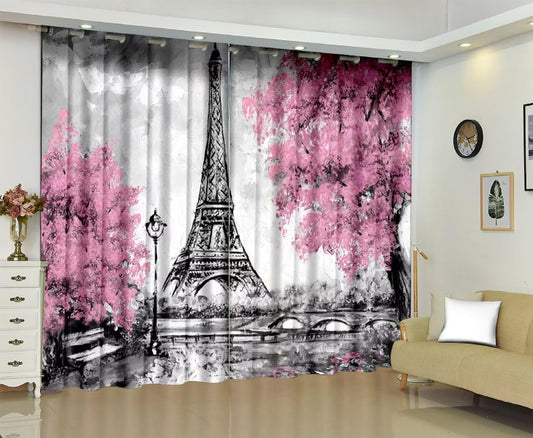 kxry Pink Paris Blackout Curtains for Bedroom Living Room Eiffel Tower Flower French Style Darkening Grommet Curtain 63 Inches Long Window Drapes Treatment Room Decor,2 Panels Set, 42''W x 63''L