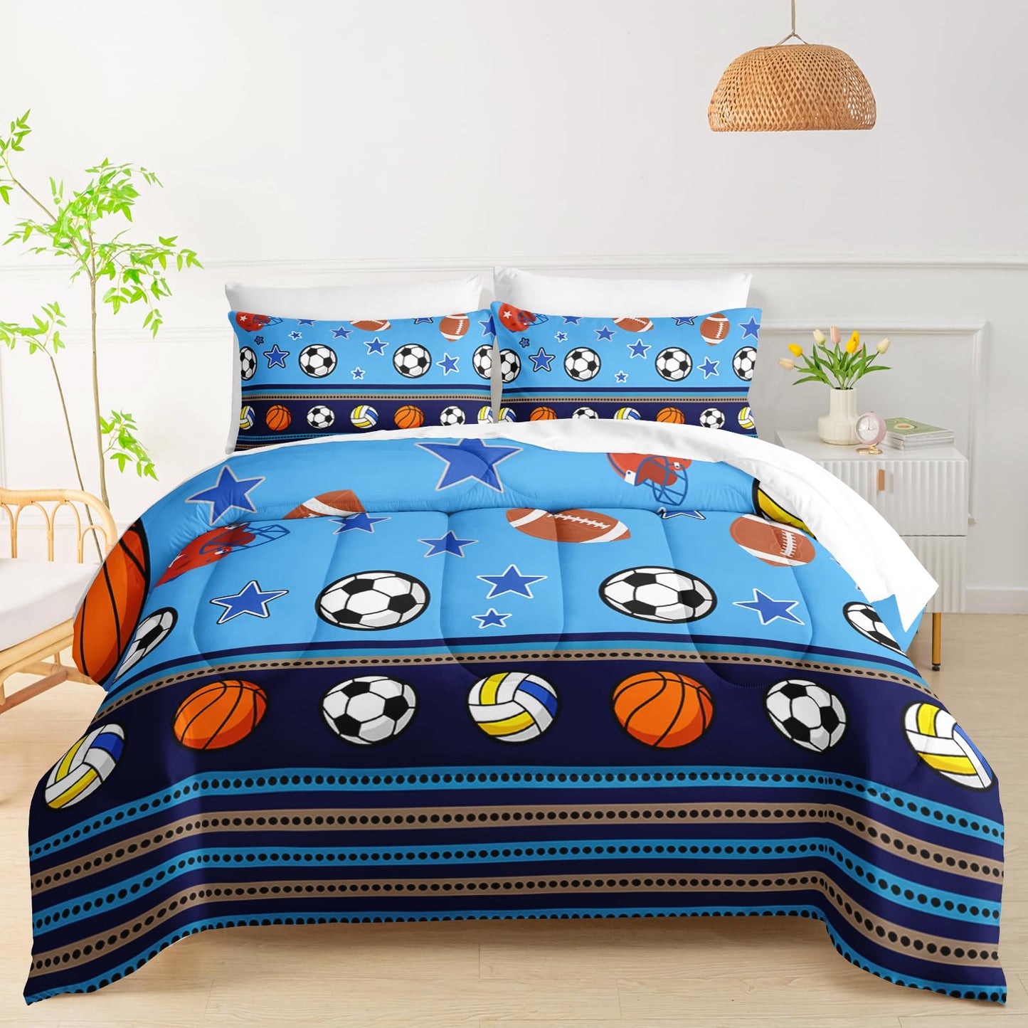 QOOMO Sports 7 Pieces Comforter Set Twin Size,Sports Bedding Set for Kids Teens Girls-Include 1 Comforter,1 Fitted Sheet,1 Flat Sheet,2 Printing Pillowcases and 2 Purple Pillowcases