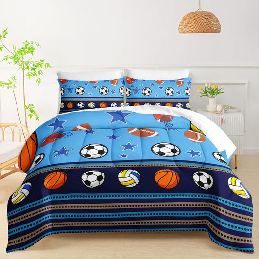 QOOMO Sports 7 Pieces Comforter Set Twin Size,Sports Bedding Set for Kids Teens Girls-Include 1 Comforter,1 Fitted Sheet,1 Flat Sheet,2 Printing Pillowcases and 2 Purple Pillowcases