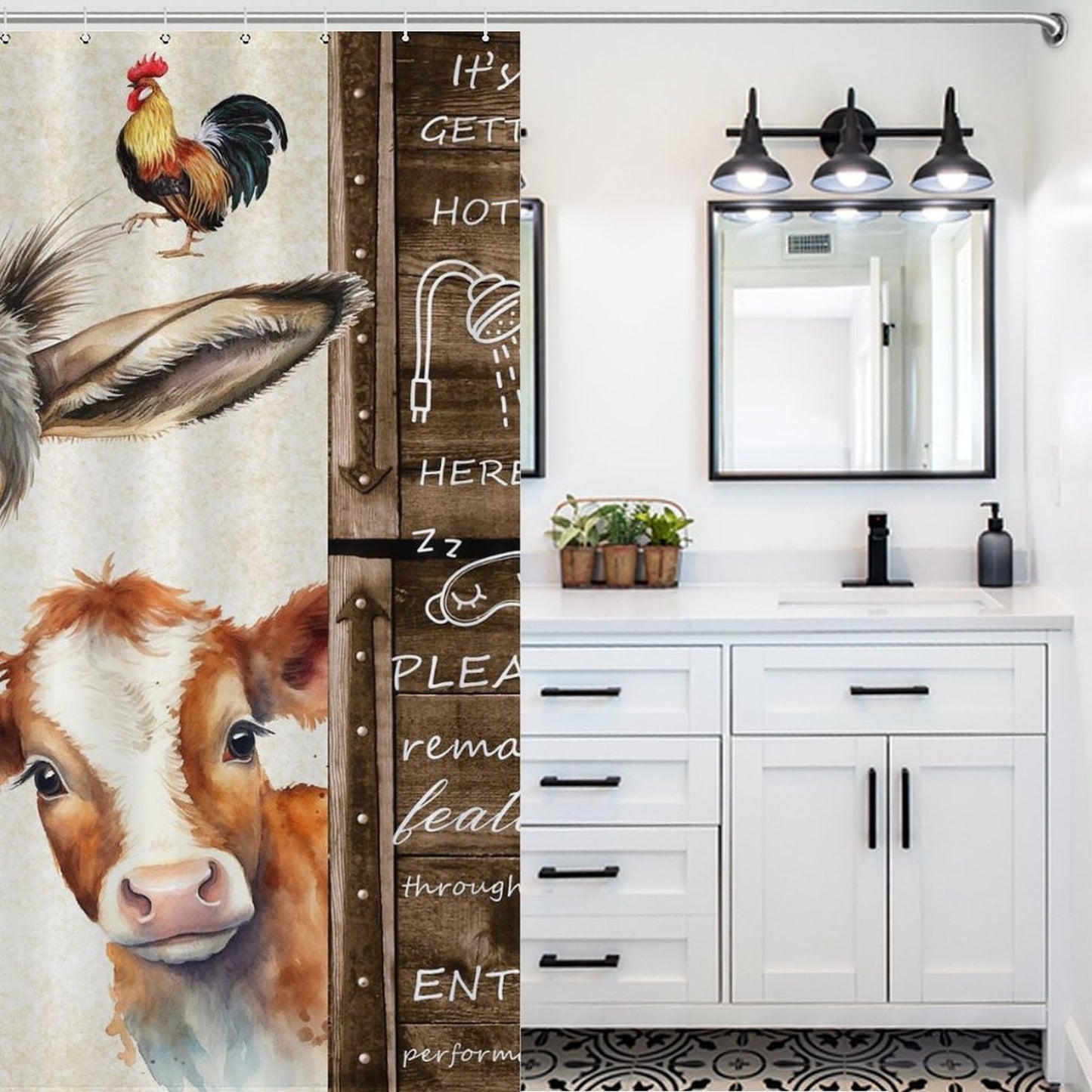 Drapeloft Farmhouse Shower Curtain, Rustic Farm Animals Cow Chicken Pig Donkey Animal Rustic Farmhouse Brown Rural Country Style Waterproof Fabric Bathroom Shower Curtain Set with Hooks, 72"x72" Inch