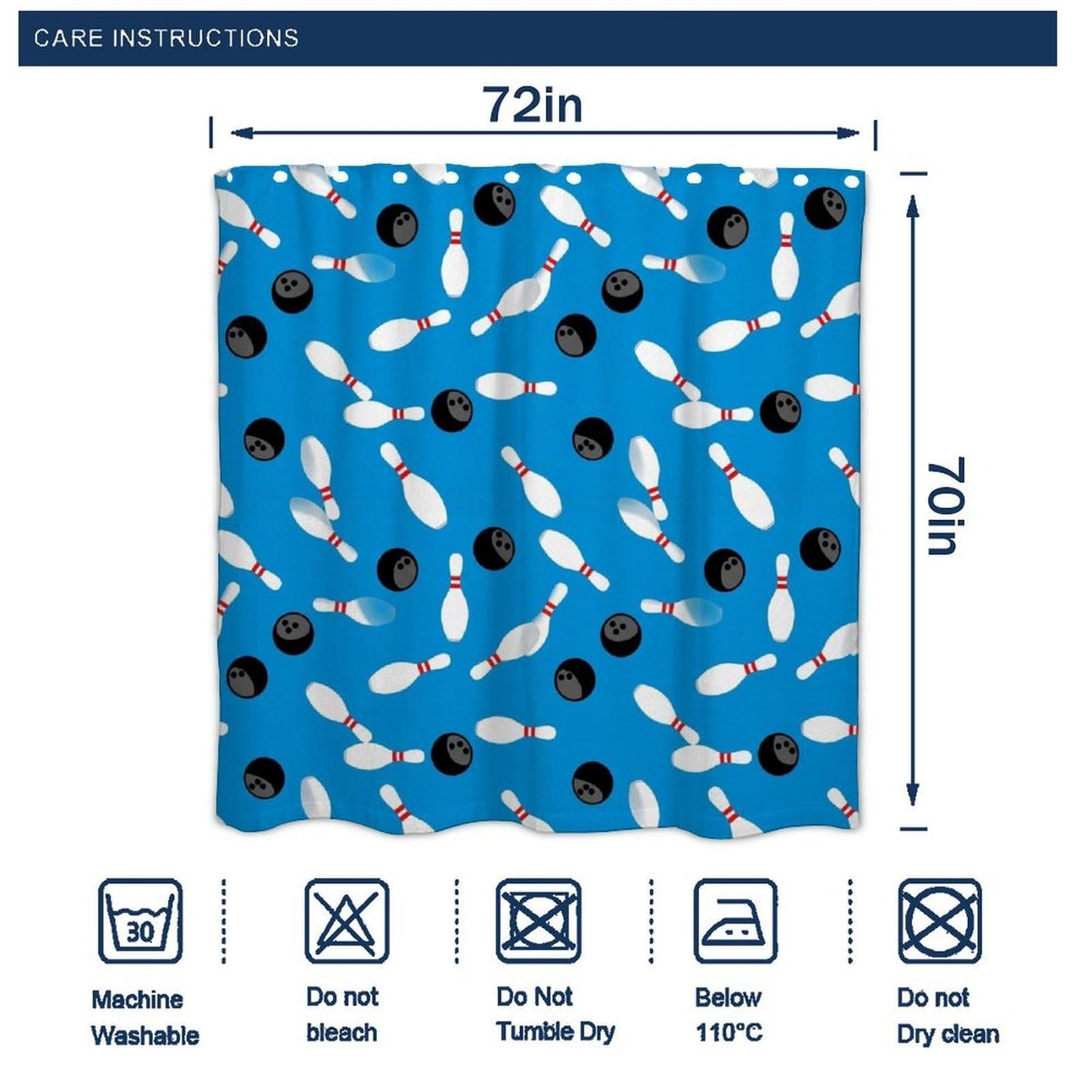 Meaudiwes Classic Bathroom Decoration Shower Curtain Set with Curtain Hooks Sport Bowling Ball Pins Blue, 72"x 70"