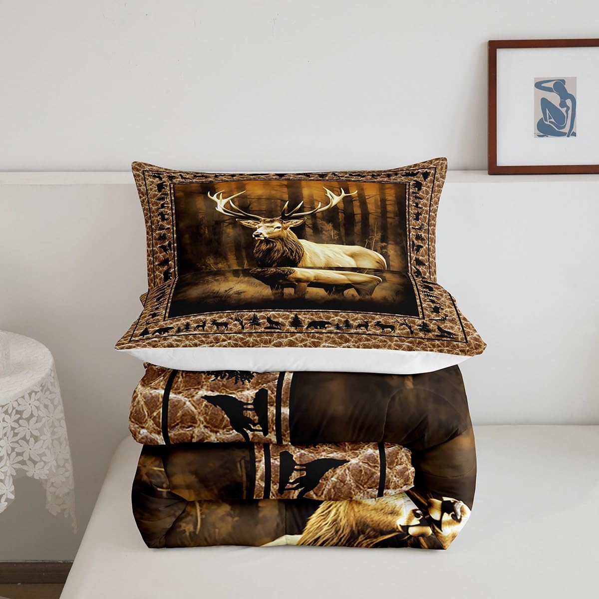 Manfei Deer Comforter Set Queen Size, Wild Animal Theme Bedding Set 3pcs for Kids Boys Teens Bedroom Decor, Black Elk Bear Wolf Trees Quilt Set Wildlife Hunting Duvet Set with 2 Pillowcases