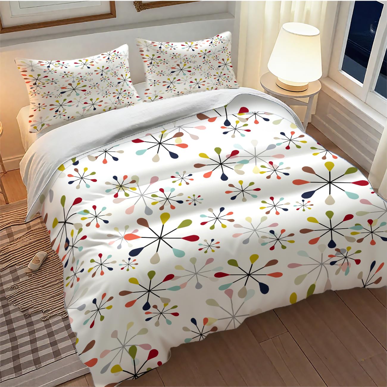 Lnepty Mid Century Bedding Set,Modern Geometric Atomic Abstract Iconic Pattern 1950s 1960s Retro Style Comforter Set with Pillowcase for Bedroom Bed Decor，Twin 86"x70"