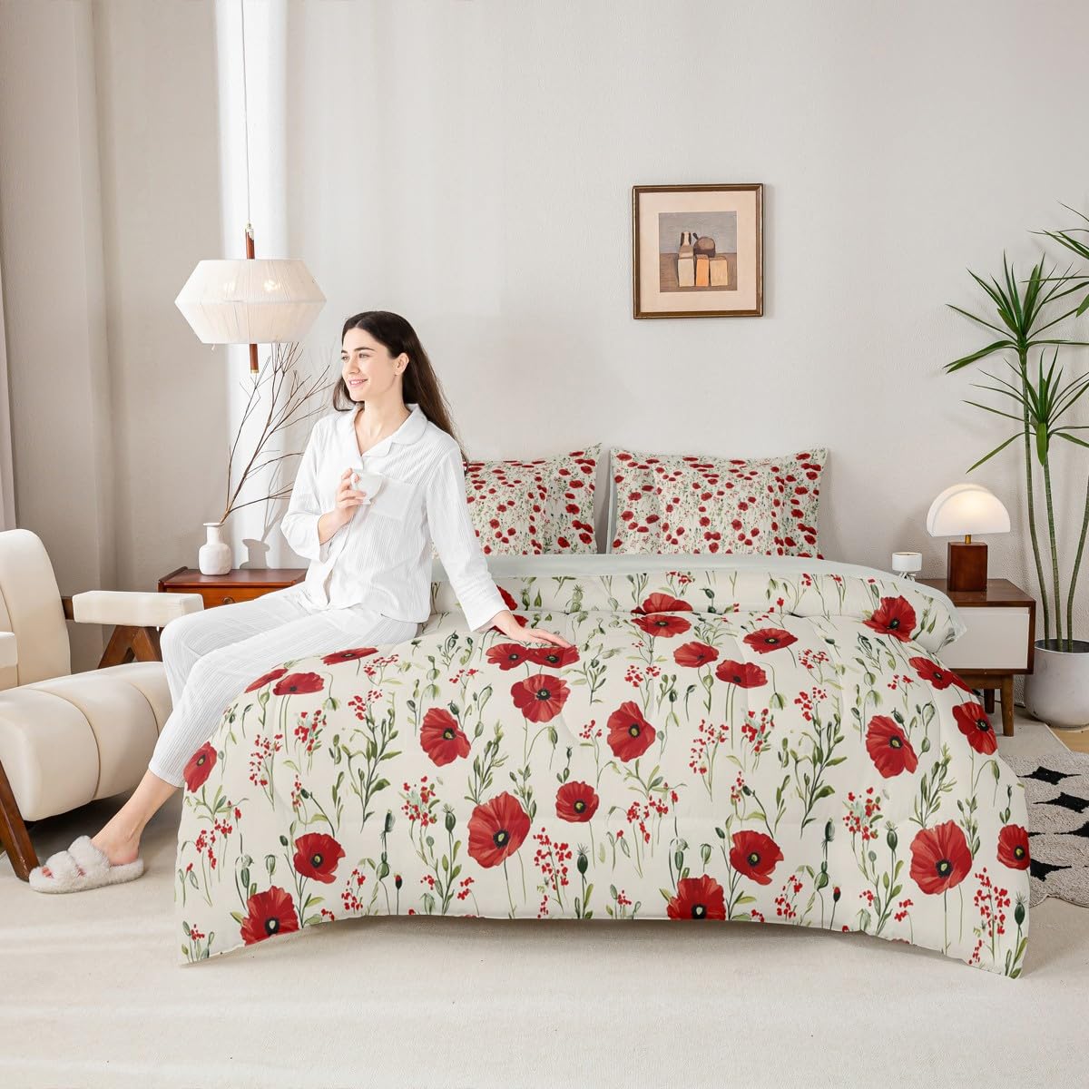 Retro Floral Boho Bed Set Twin Size 70S Hippie Flowers Bohemian 7 Pieces Bedding Set for Kids Boys Girls Psychedelic Floral Bed in a Bag with Comforter, Sheets, Pillowcases Breathable Bedroom
