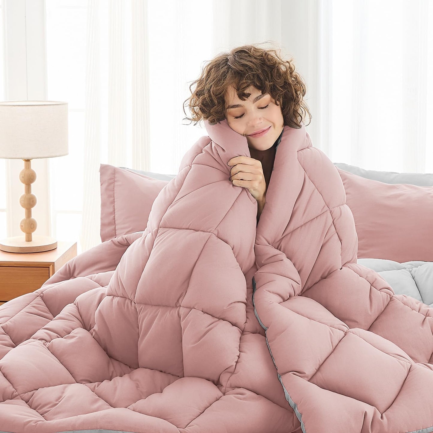 MUXHOMO 7 Pieces California King Comforter Set, Reversible Bed in a Bag Cal King Size, All Season Bedding Set with Comforter, Flat Sheet, Fitted Sheet, Pillowcases & Shams, Pink & Light Grey