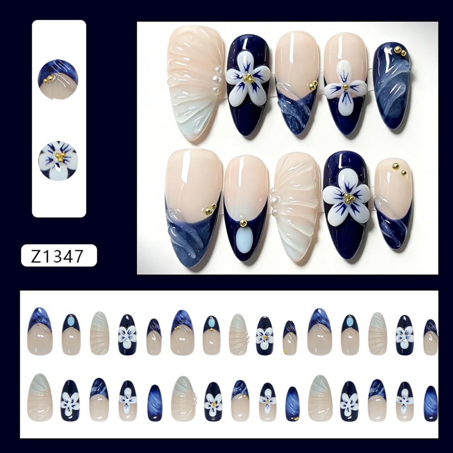 3D Blue & Nude Press On Nails - Medium Almond Fake Nails with Flower & Pearl Design, Glossy French Tip Glue On Nails for Women, Reusable Full Cover False Nails with Glue Tabs - 30Pcs Manicure