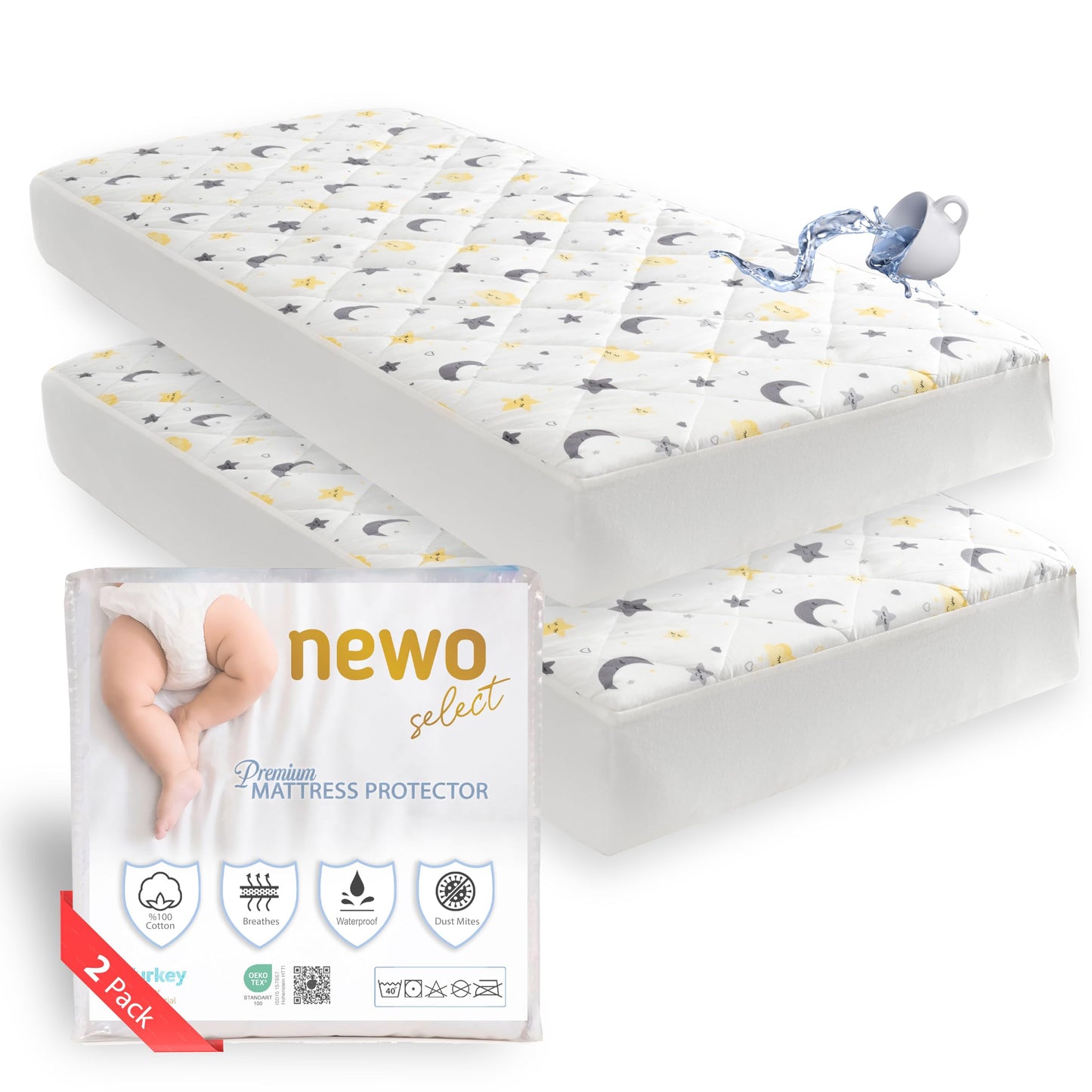 Waterproof Crib Mattress Protector Sheets,%100 Cotton Fabric, Absorbent Crib/Toddler Mattress Protector, Quilted, Certified, Noiseless Machine Wash, Moon&Star Pattern 52"x28" (Small Single, 1, Pack)