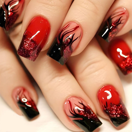Press on Nails Square Fake Nails Medium with Black Flame Glitter Design Nails Press ons Red Full Cover Glue on Nails Glossy Acrylic Nails Winter Stick on Nails for Women 24Pcs