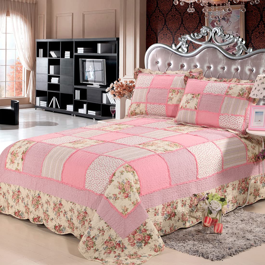 vctops 3 Piece Patchwork Floral Quilted Bedspread Quilt Set 100% Cotton Boho Ruffles Reversible Coverlet Set 1 Quilt and 2 Pillow Shams (Pink,Queen)