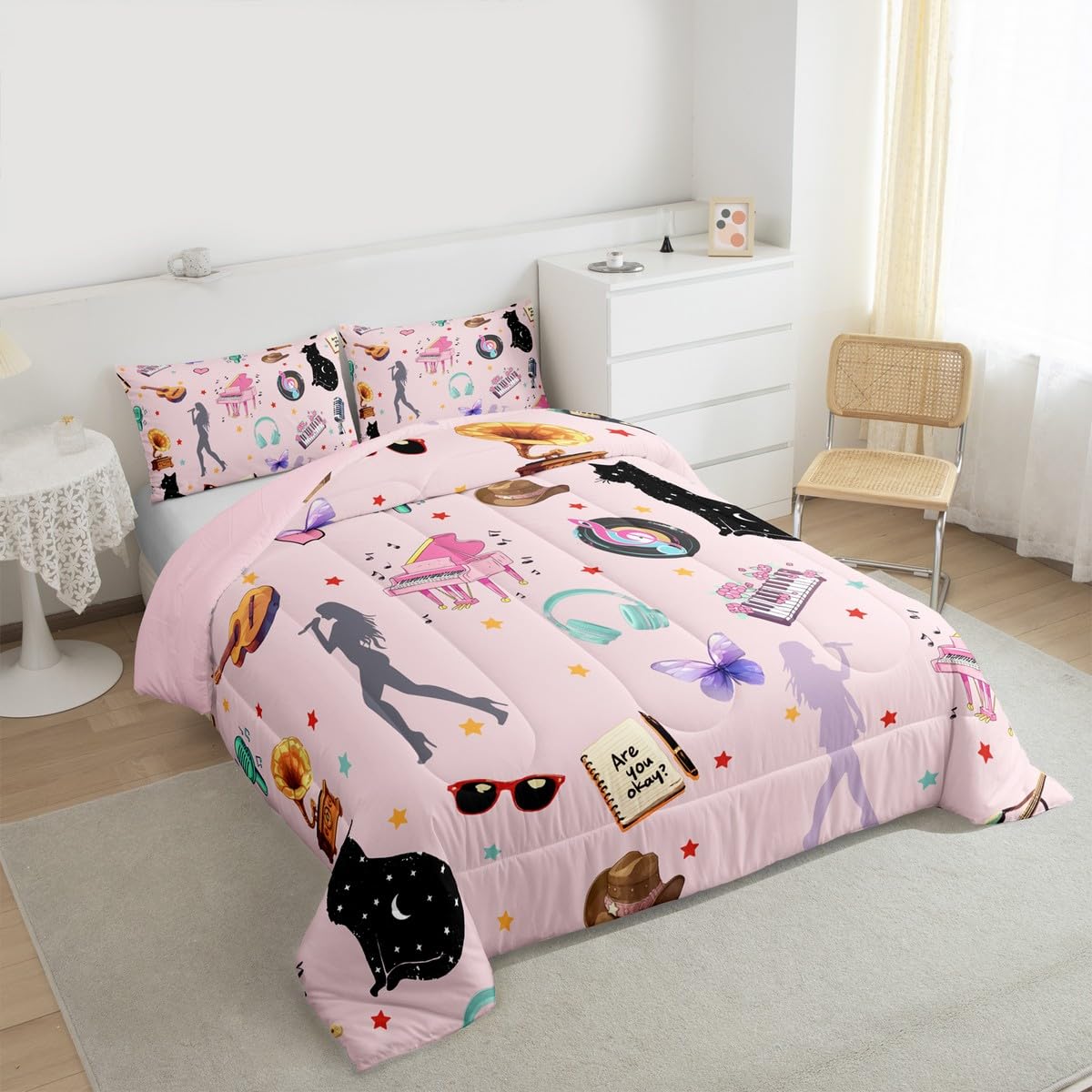 Erosebridal White Pink Bedding Set Full Size Fashion Music Themed Comforter Set Disco Ball Piano Down Comforter for Women Girls Butterfly Cat Animals Duvet Insert Modern Style Decor