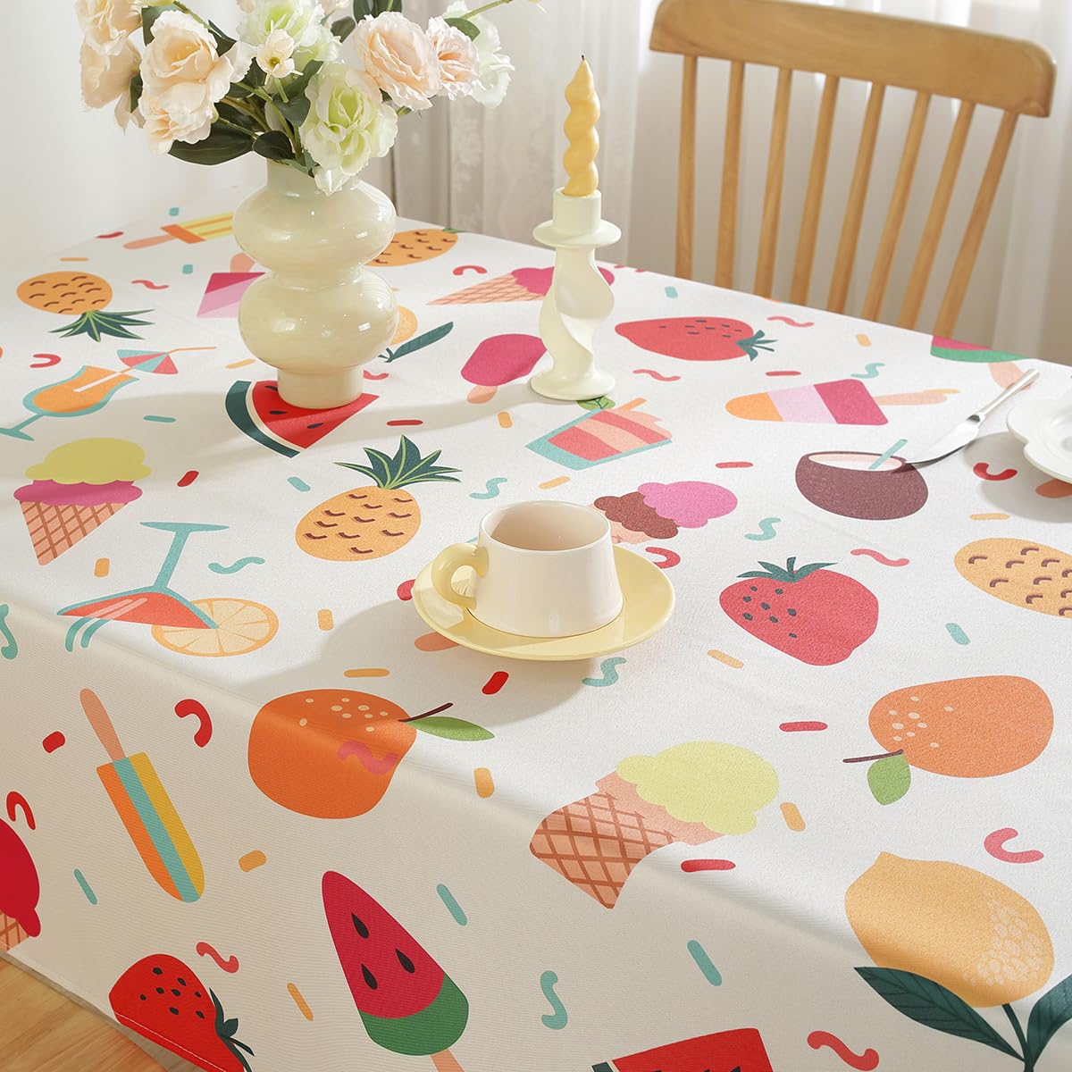 SASTYBALE Summer Tablecloth Rectangle 52 x 70 Inch, Lemon Ice Cream Pineapple Watermelon Strawberry Fruit Print Table Cloth, Spill Proof Polyester Table Cover for Dining, Party, Indoor, Outdoor