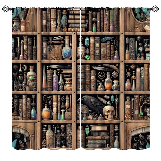 Nsbul Gothic Bookshelf Curtains, Vintage Spooky Skull Crown Magic Wizard Bookcase Halloween Decor Window Drapes for Bedroom Living Room,42" W X 45" L(No Blackout)