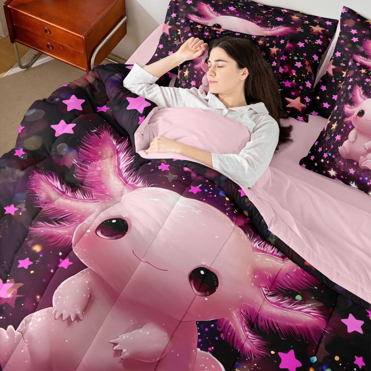 Erosebridal Kids Pink Axolotl Twin Size Bedding Set Girls Pink and Black Starry Sky 7 Pieces Comforter Set with Sheets Teens Cute Axolotl Bed in a Bag Girly Stars Reptile Animal Bed Sets