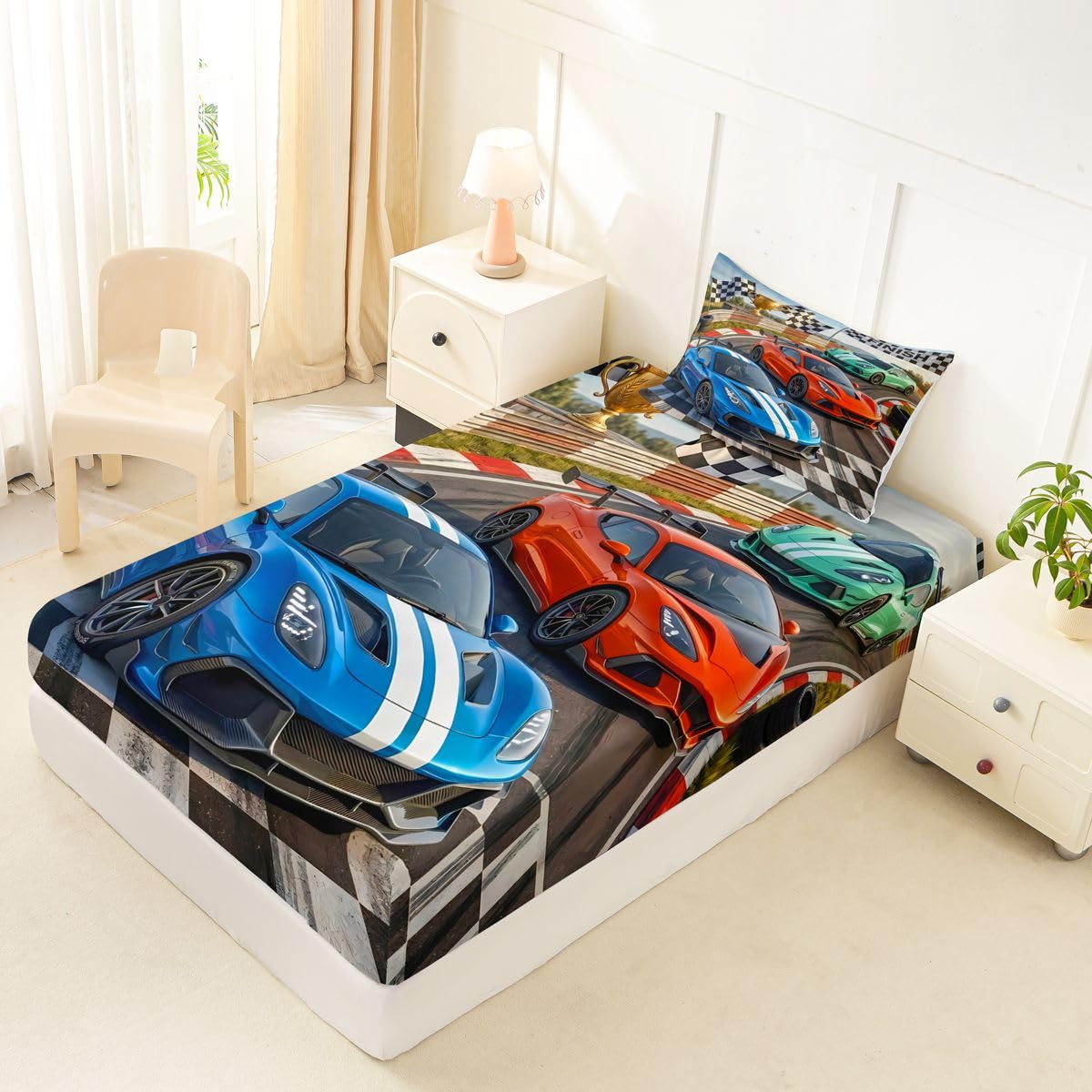 Feelyou Boys Race Car Fitted Sheet Twin Size for Kids Boys Girls Speed Sports Car Bed Sheets Set 16" Deep Pocket Soft Breathable Racing Extreme Sports Bedding with 1 Pillowcase Automobile Room Decor