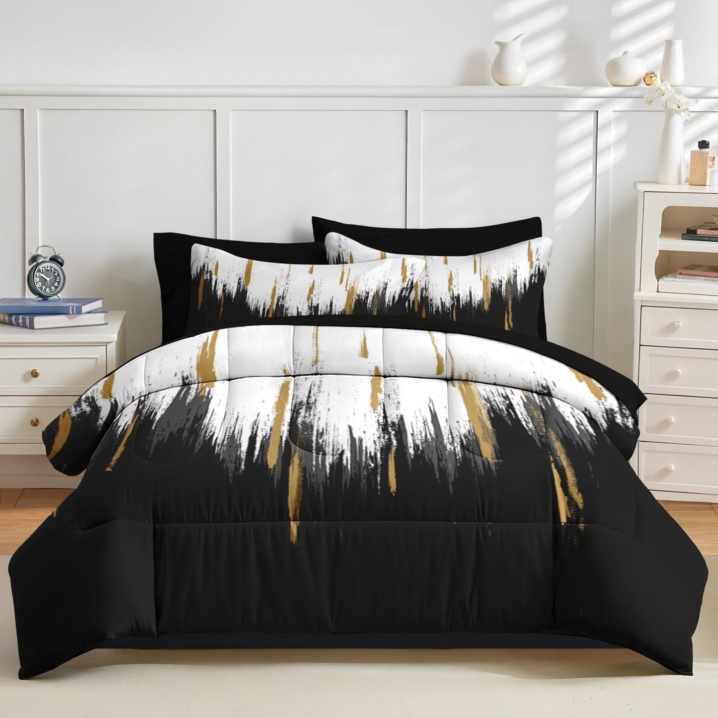 Nesker Comforter Set King Size, Black Gold White 7 Pcs Bedding for Kids and Adults, Abstract Oil Painting Bed Sheet Sets with Fitted Sheet 2 Pillowcases & 2 Shams