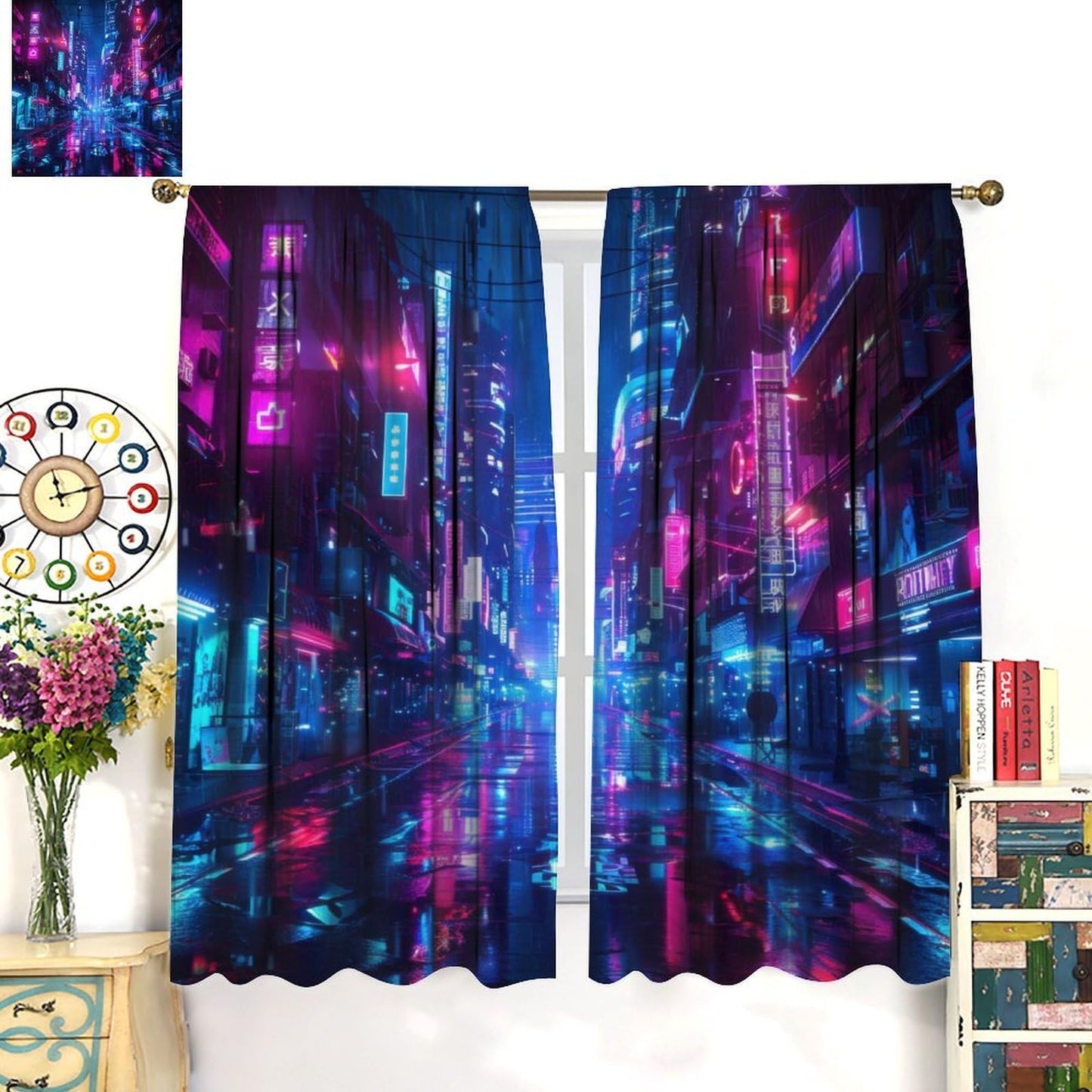 VUMIVI Cyberpunk Cityscape Curtains Neon Futuristic Urban Landscape Window Treatments for Gaming Room Sci-Fi Bedroom Tech Expo 42" W X 44.5" L