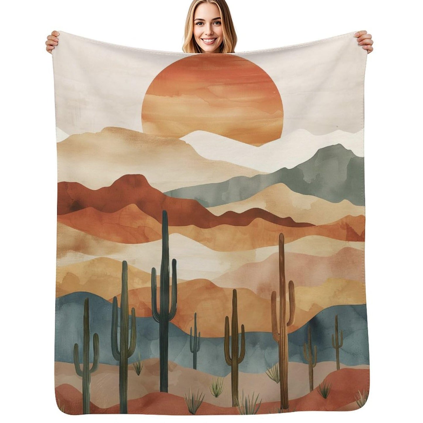 Sunset Desert Cactus Blanket, Southwest Landscape Throw, Soft Cozy Fleece Blankets for Kids Women Girls Nature Lovers, Modern Decor for Room Couch & Bed Birthday Gifts 50x60in