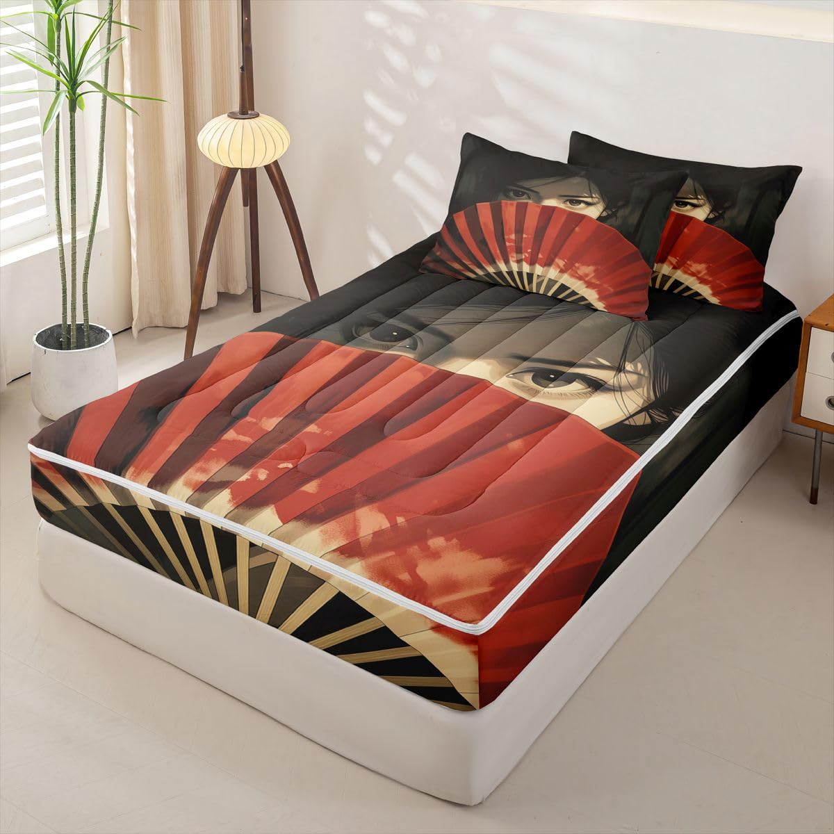 Erosebridal Onna-Musha Kids Comforter Set with Zipper, Japanese Samurai Twin Size Zipper Bedding Set, Japan Culture Decor Bed-in-A-Bag
