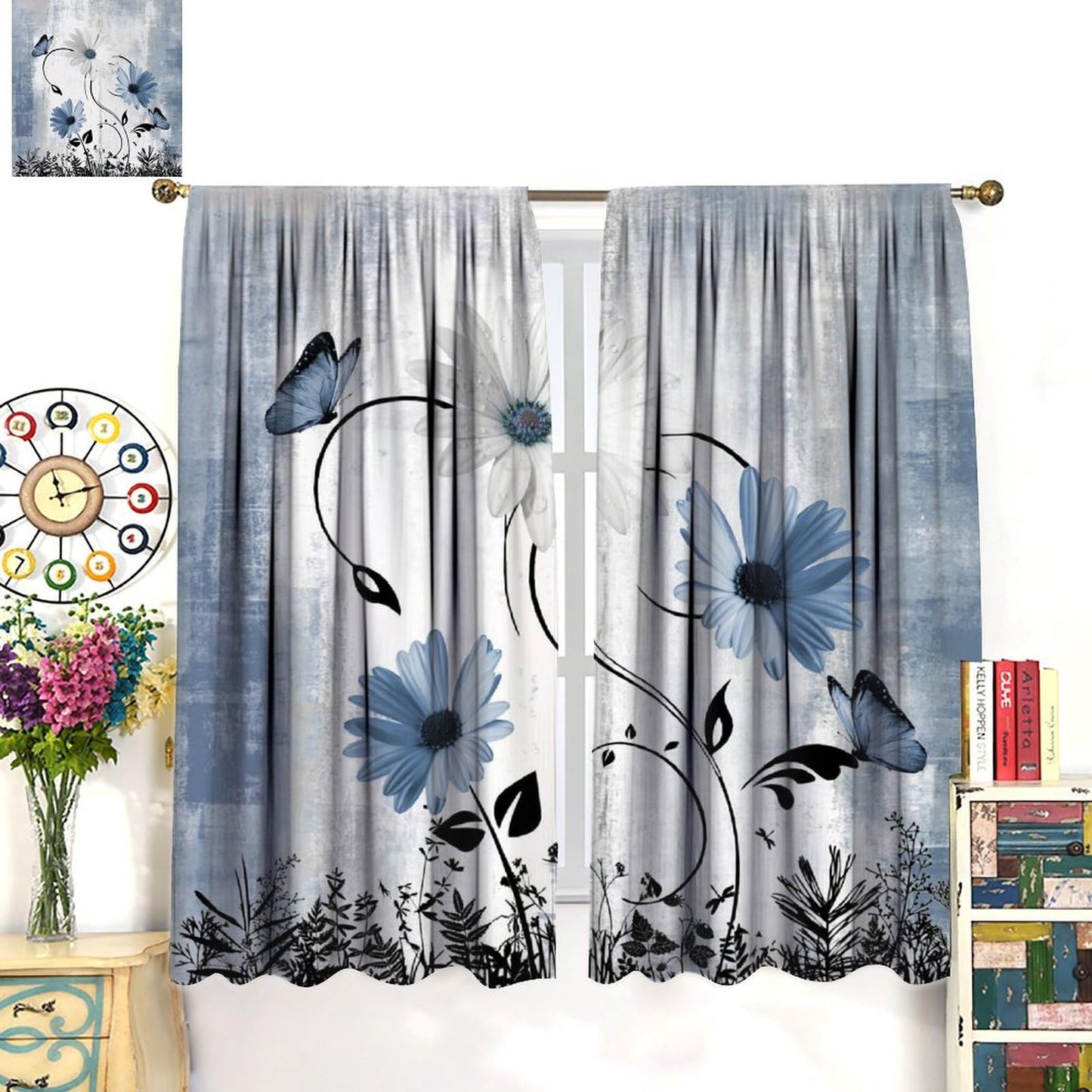 AAVEUP Blue White Daisy Curtains for Kitchen Farmhouse Modern Flower Retro Floral Spring Butterfly Rural Country Style Window Treatments Print for Girls Bedroom Living Room 42x45in（No Blackout）