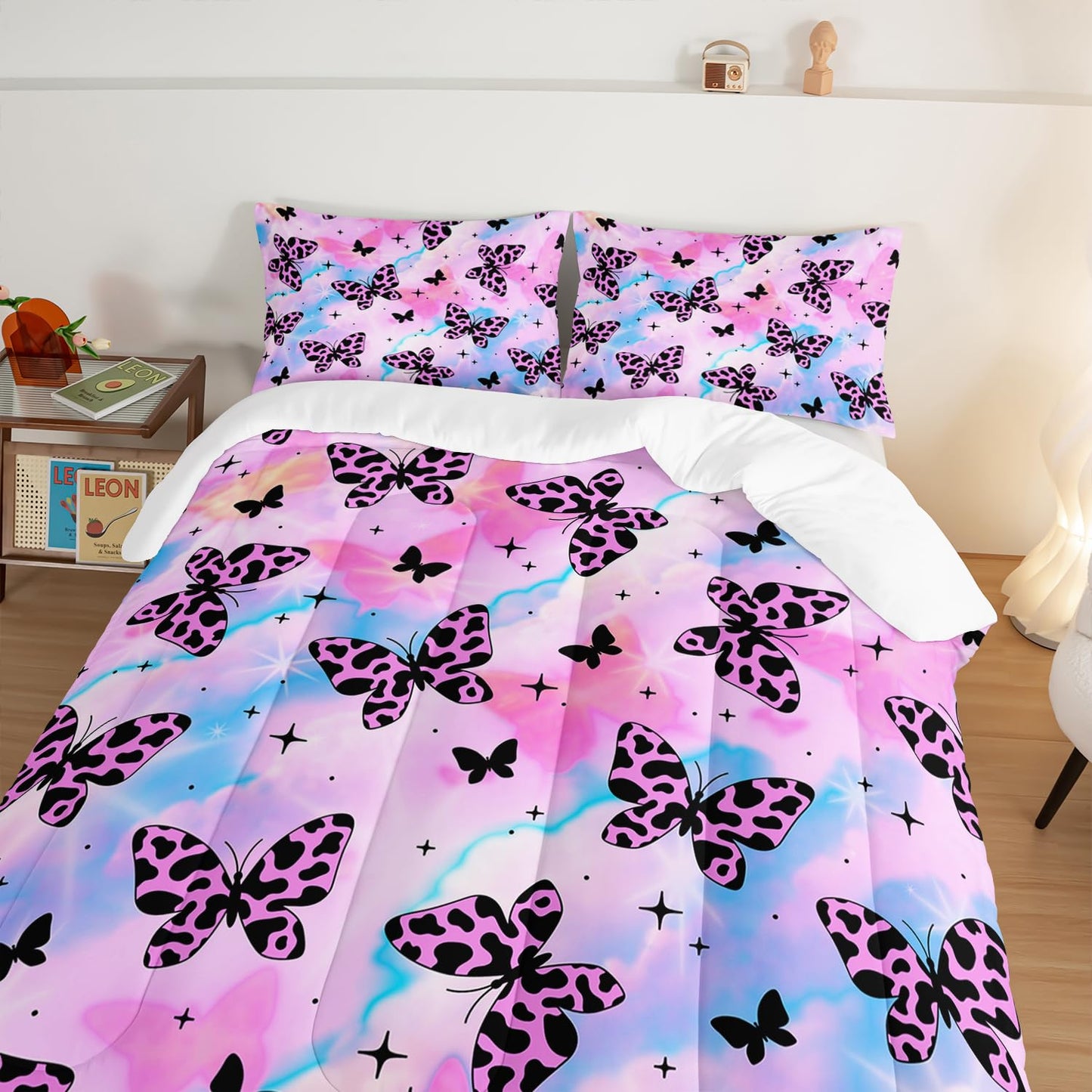 UEVBF Beautiful Butterfly Comforter Set Queen Size,Spotted Butterfly Printed Bedding Set for Kids Girls Women Room Decor,Rainbow Aesthetic Toddler Bedding Sets for Girls with 2 Pillowcases.