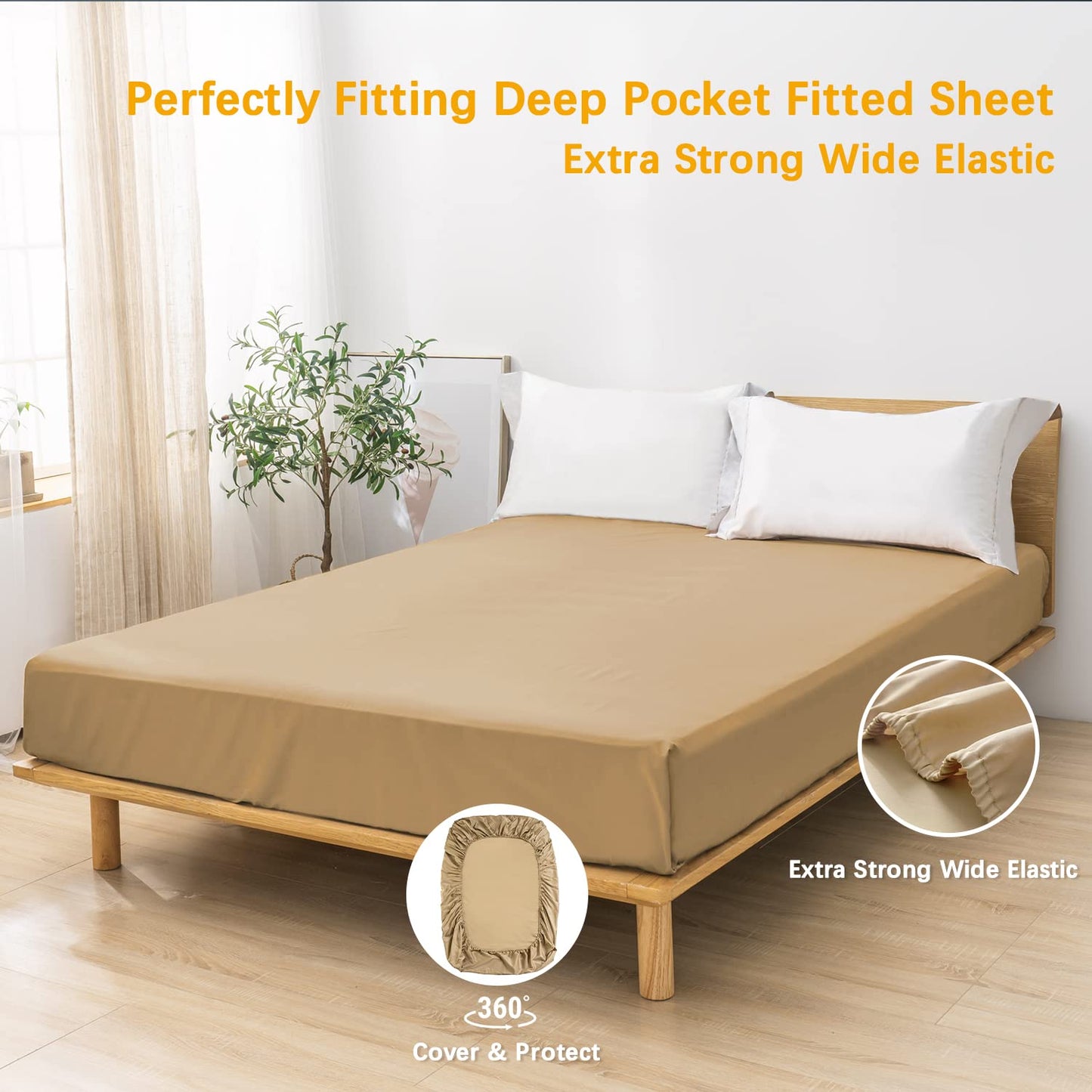 MILDLY Deep Pocket Fitted Sheet Only Queen Size 60"x80" 100% Long Staple Cotton Champagne Gold Breathable Bottom Sheet Fits Up to 14" Deep Mattress